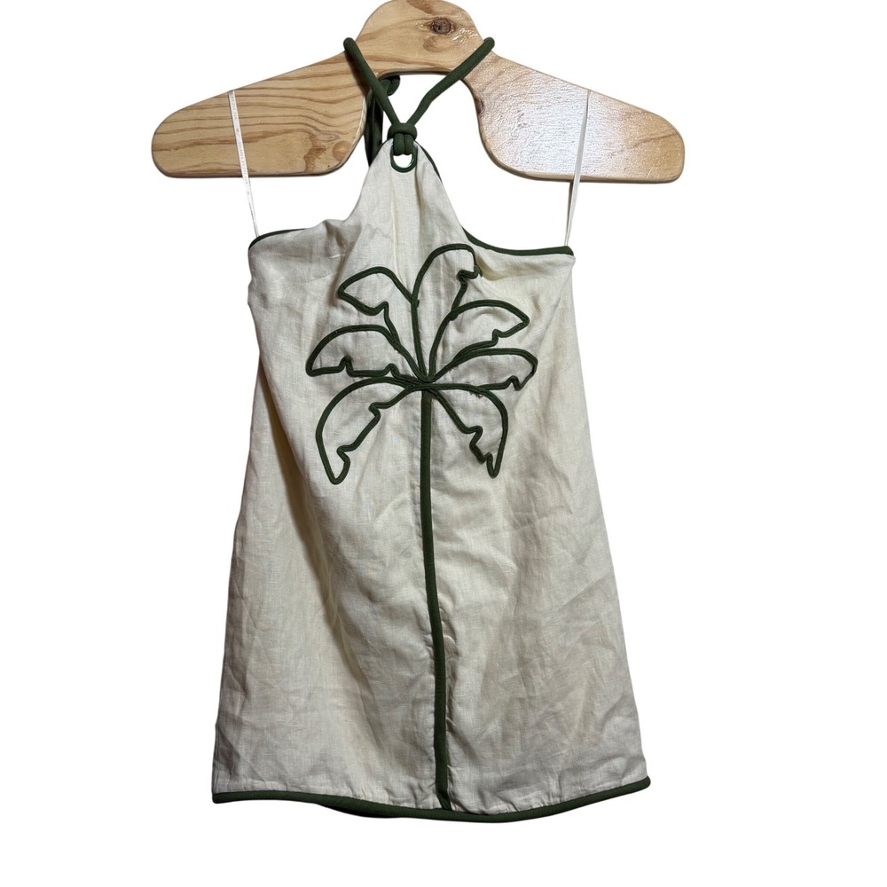 Farm Rio Cream Linen Palm Tree Embroidered Halter Top Dress Green Trim Size M